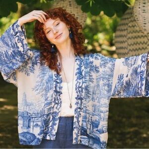 Market of Stars Pixie Duster Blue & White Scenic Print Lightweight Kimono Jacket